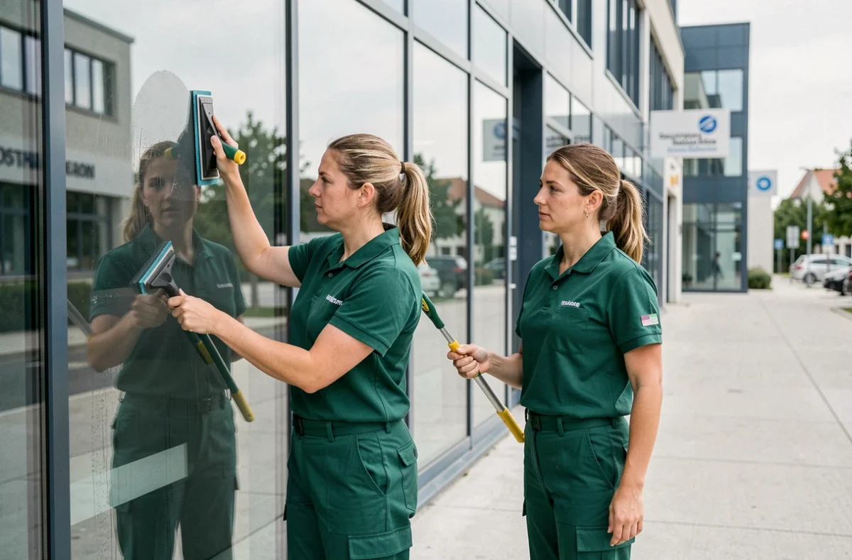 Deux techniciennes de nettoyage professionnel lavant les vitres d'un immeuble de bureau en Essonne