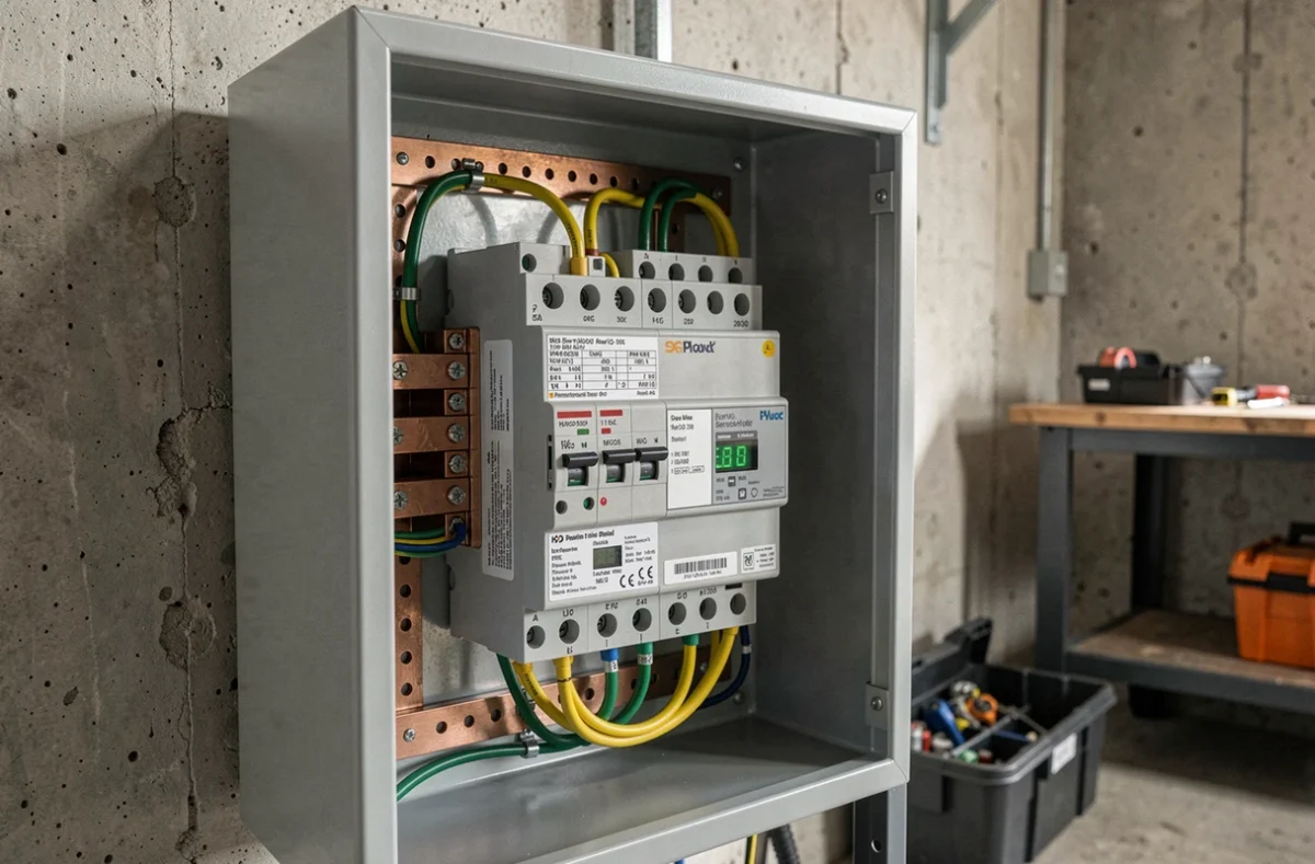 Onduleur triphasé solaire et tableau électrique avec disjoncteurs installés dans un garage résidentiel pour kit autoconsommation