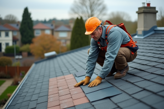 Homme couvreur en travail sur le toit d'une maison de banlieue