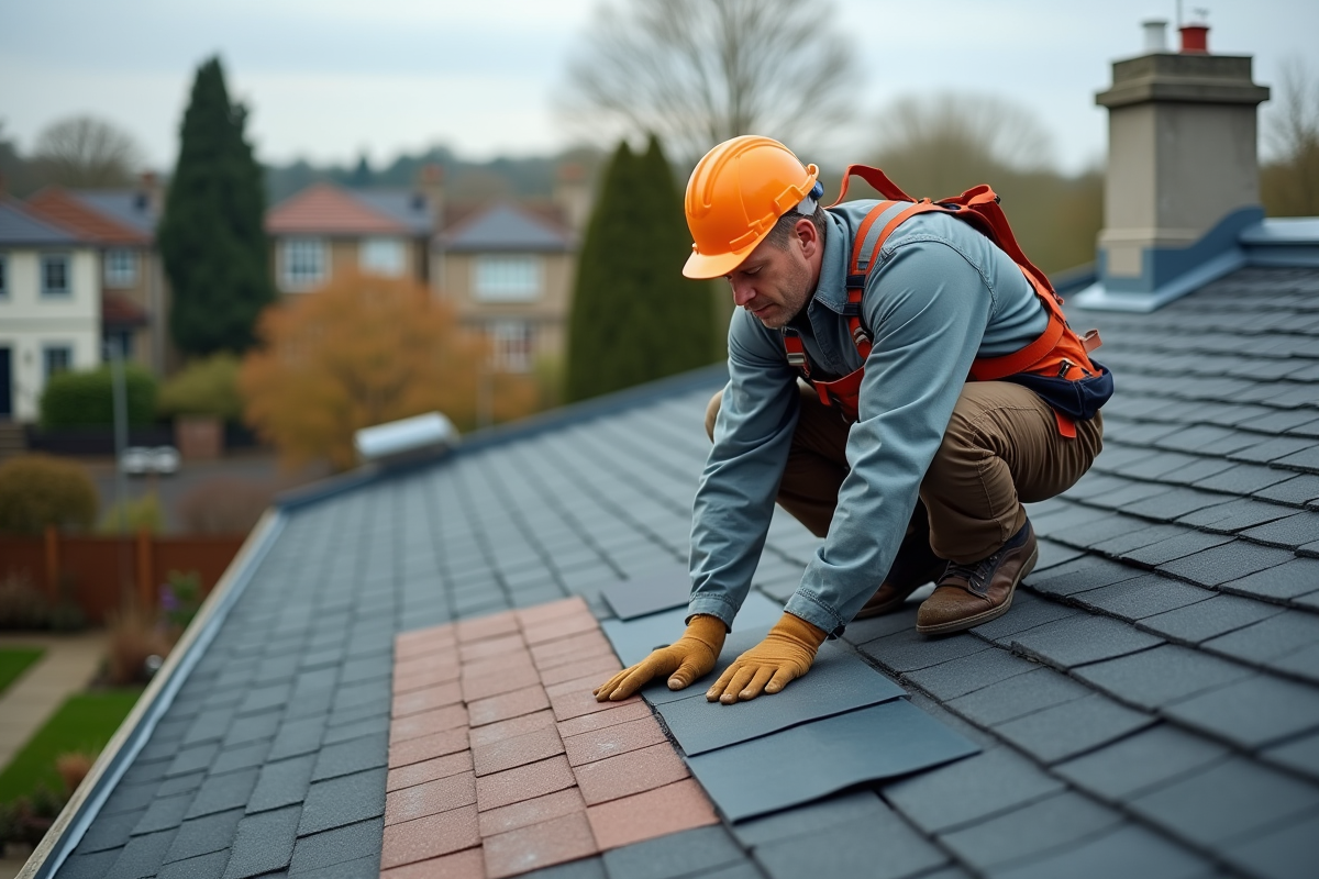 Homme couvreur en travail sur le toit d'une maison de banlieue