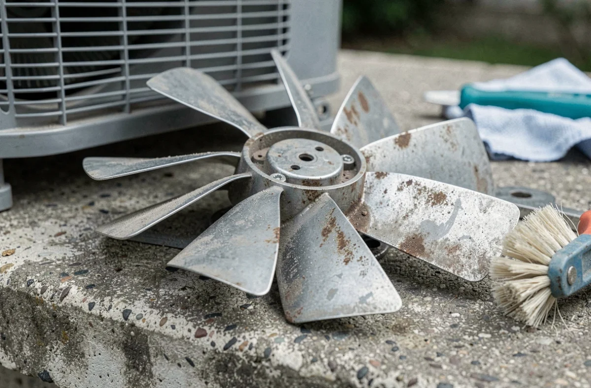 Pales du ventilateur d'une pompe à chaleur démontées pour nettoyage et entretien, posées sur une dalle en béton