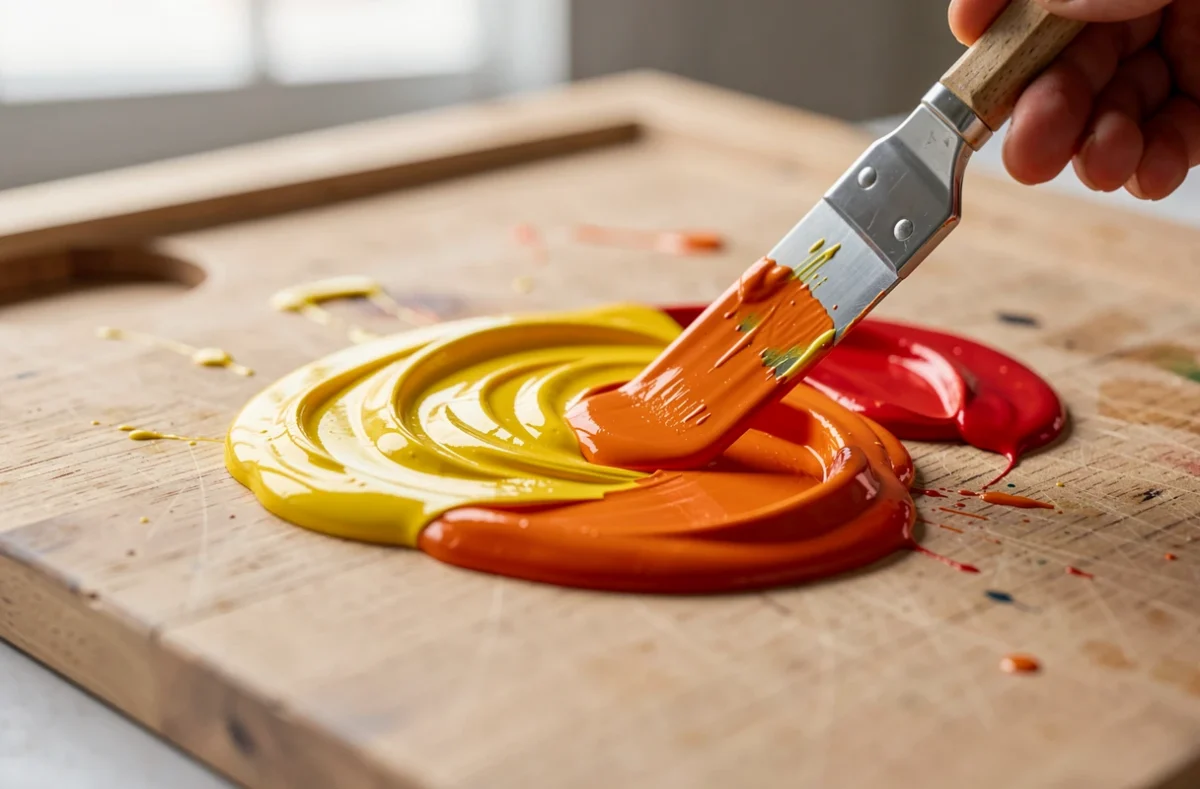 Palette de peinture avec un mélange de jaune et de rouge