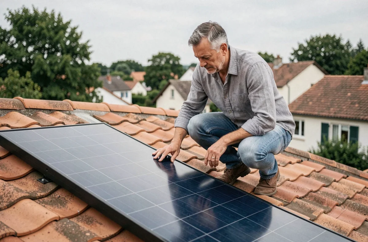 Propriétaire installant un panneau solaire sur le toit de sa maison en zone résidentielle