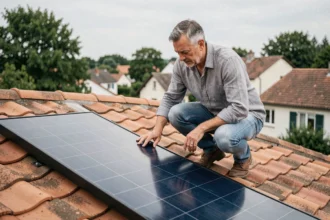 Propriétaire installant un panneau solaire sur le toit de sa maison en zone résidentielle