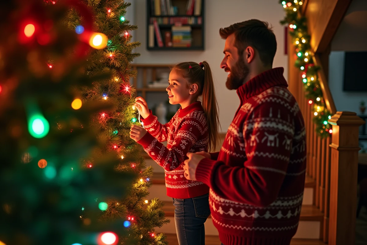 Père et fille accrochant des lumières colorées sur le sapin de Noël