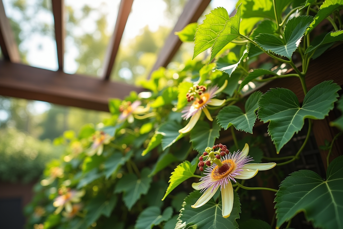 Vigne de passiflore en pleine floraison sur treillis moderne