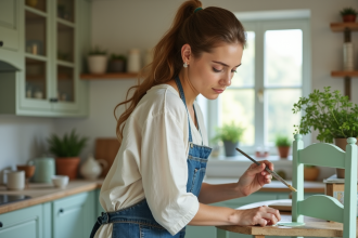 Femme peignant une chaise vintage dans une cuisine chaleureuse