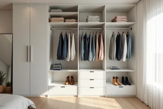 Penderie modulable blanche bien organisée avec tringles chromées et étagères ouvertes dans un coin chambre moderne