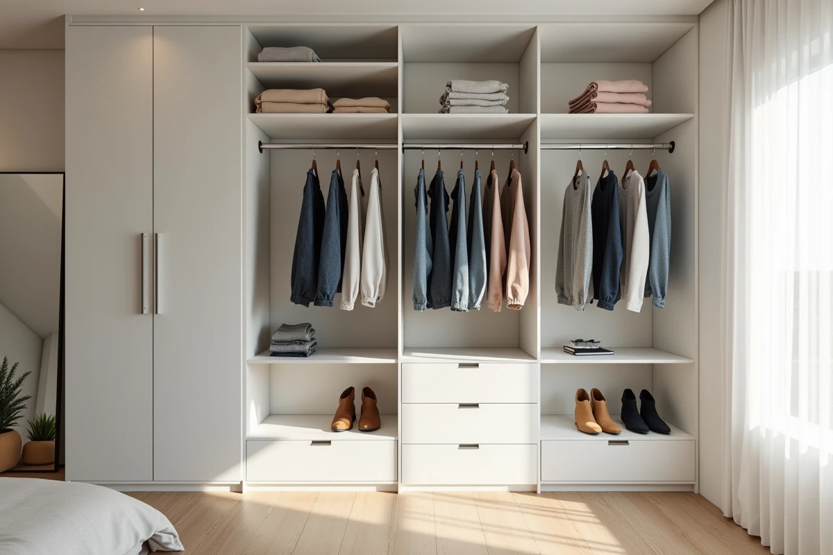 Penderie modulable blanche bien organisée avec tringles chromées et étagères ouvertes dans un coin chambre moderne