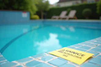 Piscine dans le jardin en cours de remplissage avec une lettre d avertissement