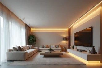 Plafond en toile tendue avec éclairage LED intégré dans un salon moderne aux tons neutres