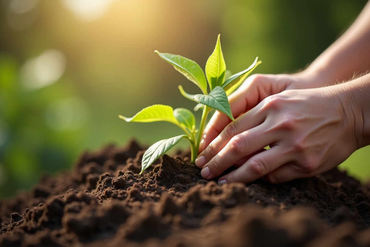 Main plantant une passiflore dans le sol en plein air