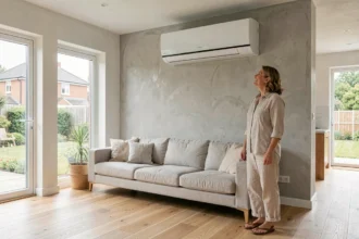 Pompe à chaleur air-air 7 kW installée dans un salon moderne d'environ 70 m² avec parquet en chêne et grande fenêtre