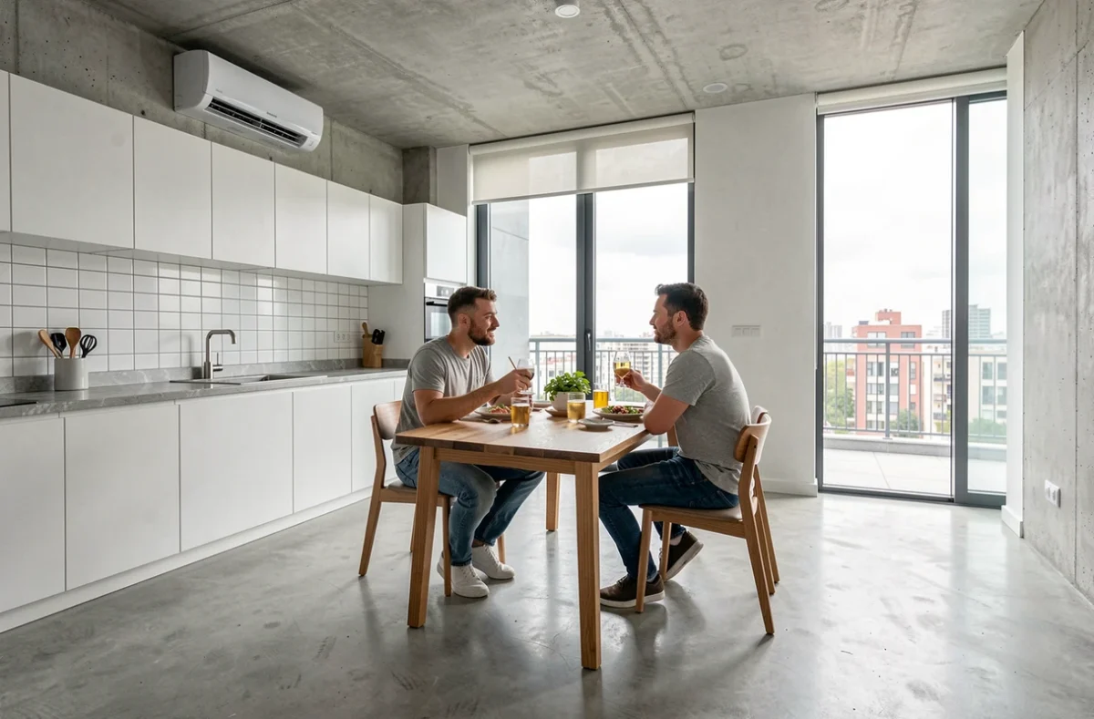 Pompe à chaleur air-air 7 kW dans un appartement urbain d'environ 90 m² avec cuisine ouverte et couple attablé