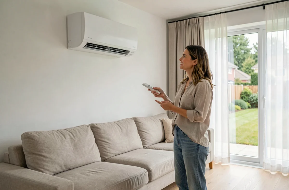 Femme réglant une pompe à chaleur air-air murale dans un salon moderne et lumineux