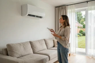 Femme réglant une pompe à chaleur air-air murale dans un salon moderne et lumineux