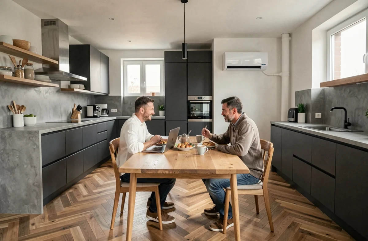 Pompe à chaleur air-air installée dans une cuisine ouverte avec une famille au petit déjeuner