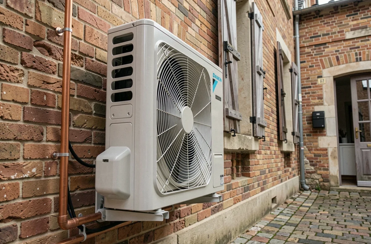 Pompe à chaleur haute température Daikin installée sur la façade en brique d'une maison de ville rénovée avec raccordements cuivre