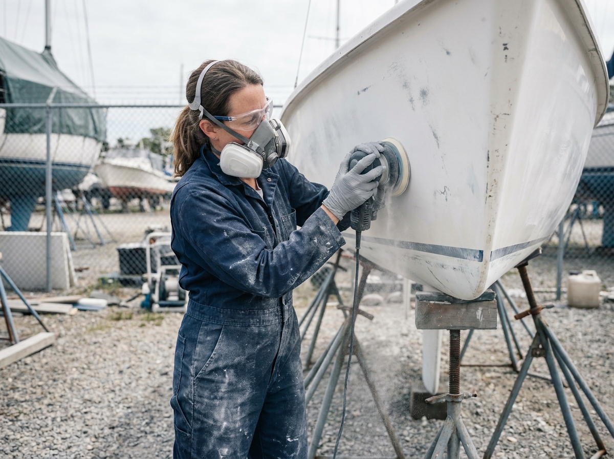Femme en équipement de protection individuelle ponçant une surface en gel coat polyester durci sur la coque d'un voilier dans un chantier naval extérieur