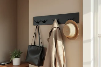 Porte-manteau mural en métal noir mat installé dans une entrée moderne avec manteau beige et sac en cuir suspendus