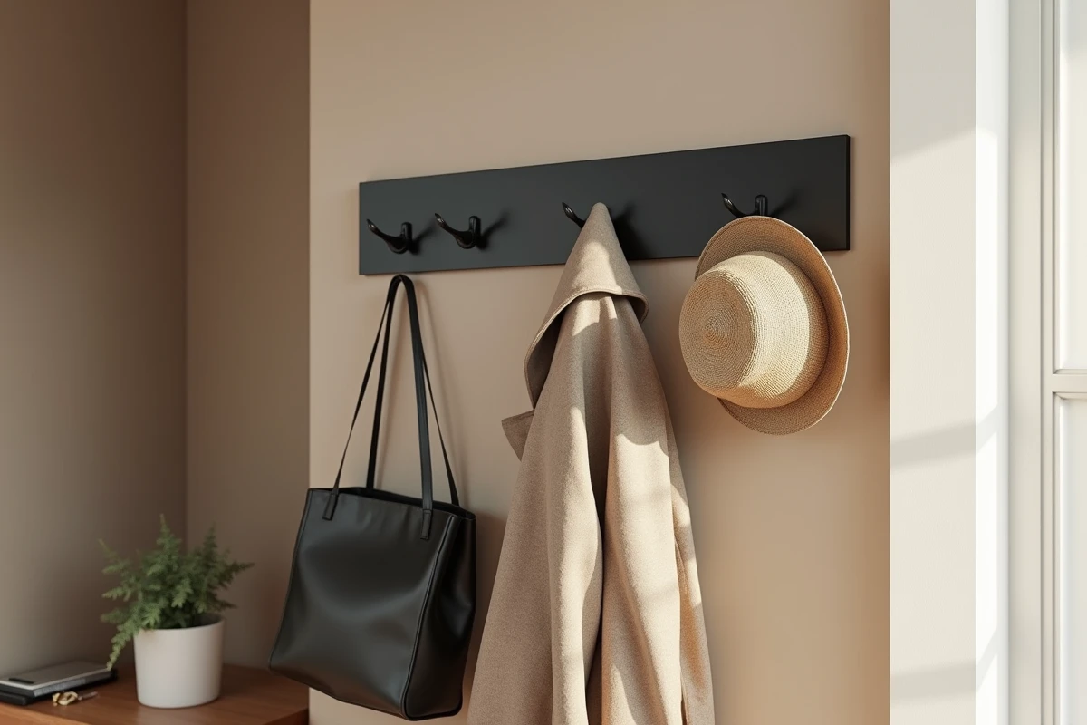 Porte-manteau mural en métal noir mat installé dans une entrée moderne avec manteau beige et sac en cuir suspendus
