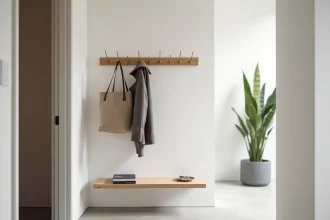 Porte-manteaux mural minimaliste avec crochets en laiton brossé dans une entrée d'appartement moderne aux tons neutres