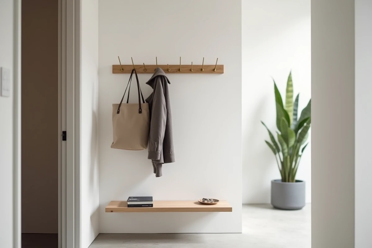 Porte-manteaux mural minimaliste avec crochets en laiton brossé dans une entrée d'appartement moderne aux tons neutres