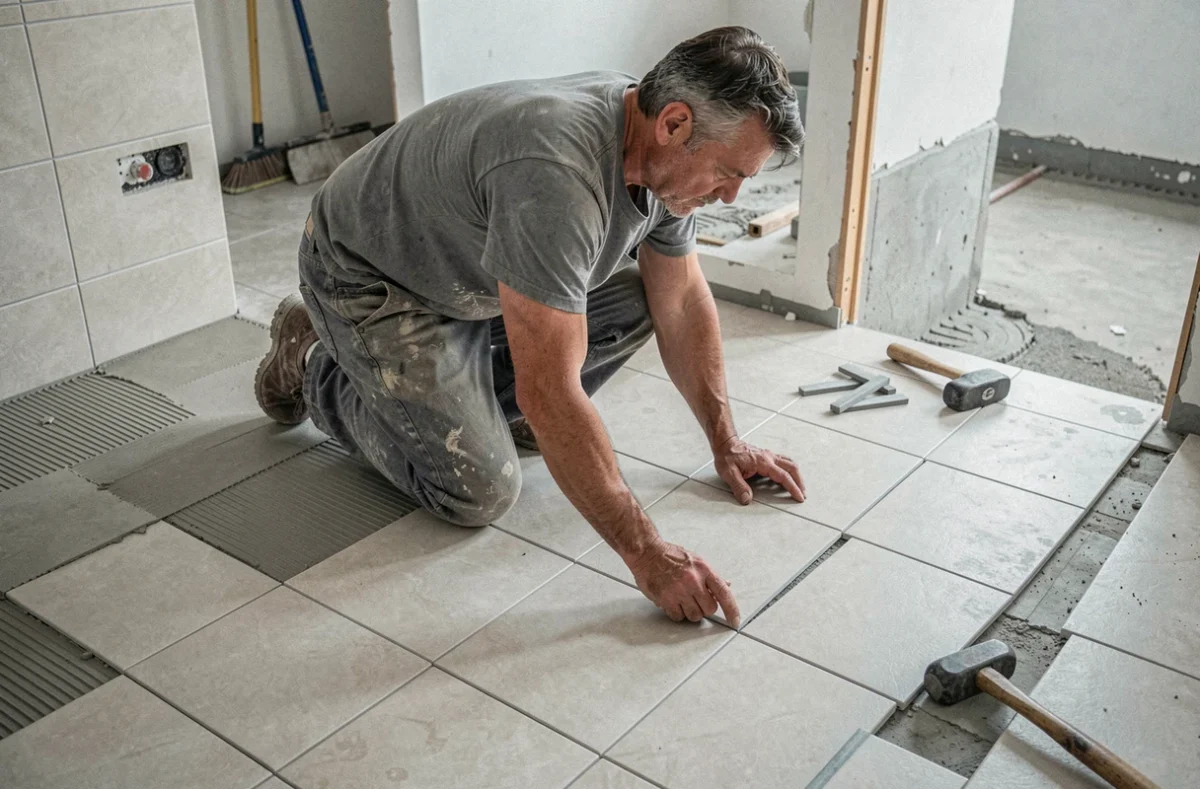 Carreleur professionnel posant du carrelage pas cher en grès cérame dans une salle de bain en rénovation