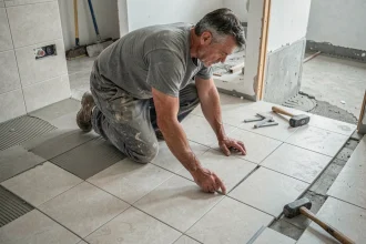 Carreleur professionnel posant du carrelage pas cher en grès cérame dans une salle de bain en rénovation