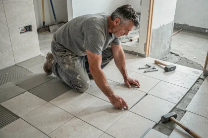 Carreleur professionnel posant du carrelage pas cher en grès cérame dans une salle de bain en rénovation