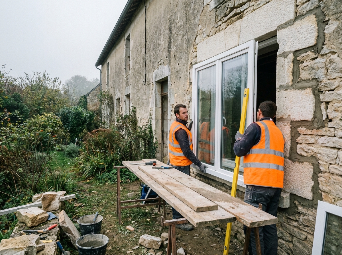 Deux ouvriers posant une nouvelle fenêtre double vitrage en PVC sur la façade en pierre d'une maison rurale française en rénovation