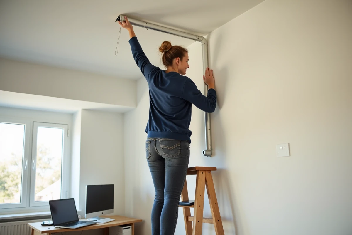 Femme posant une goulotte PVC blanche au plafond d'un bureau à domicile lors de travaux de rénovation