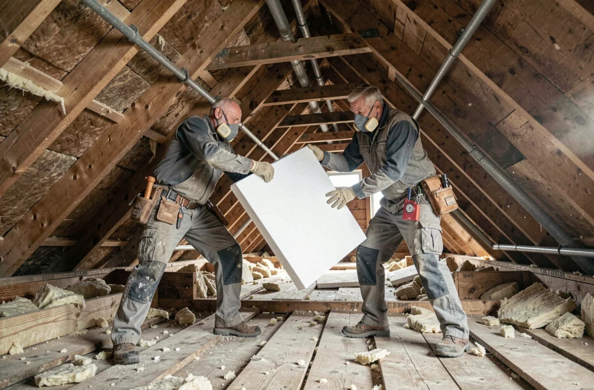 Deux ouvriers posant des panneaux isolants dans les combles d'une maison lors d'une rénovation énergétique