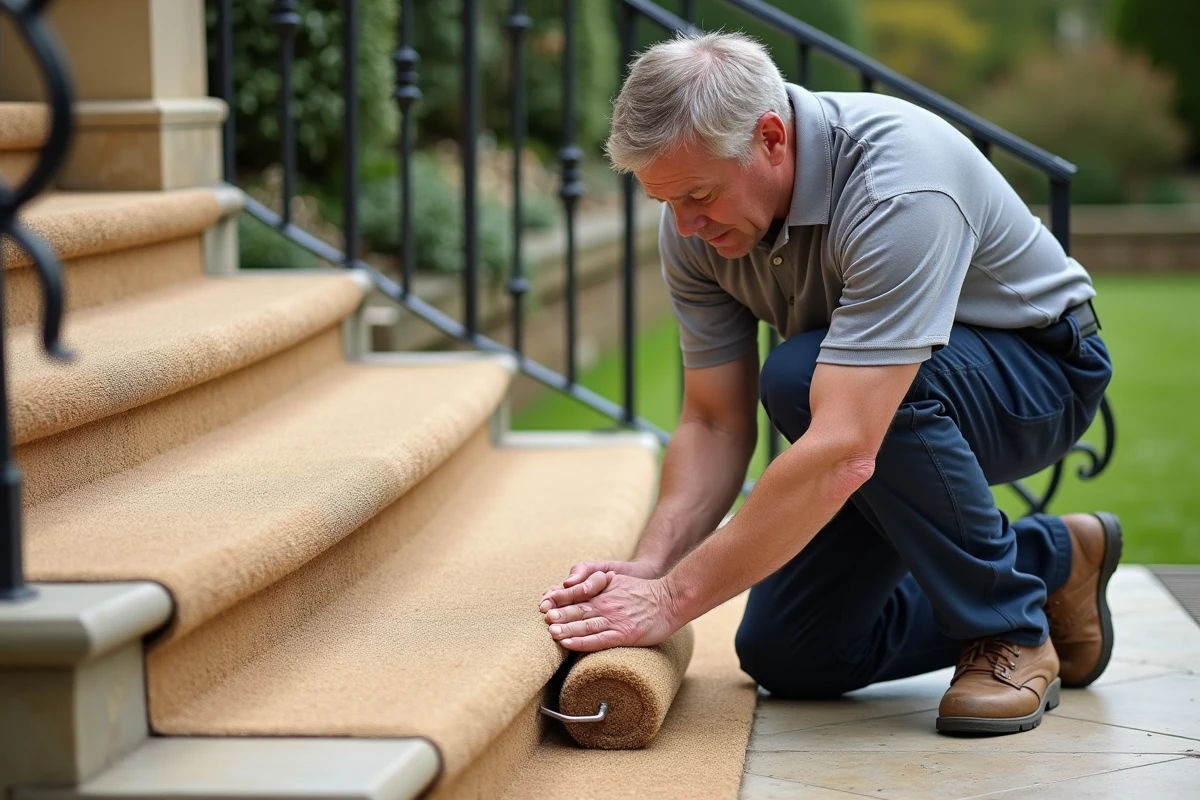 Poseur de moquette installant un tapis de marche extérieur sur un escalier en pierre de jardin