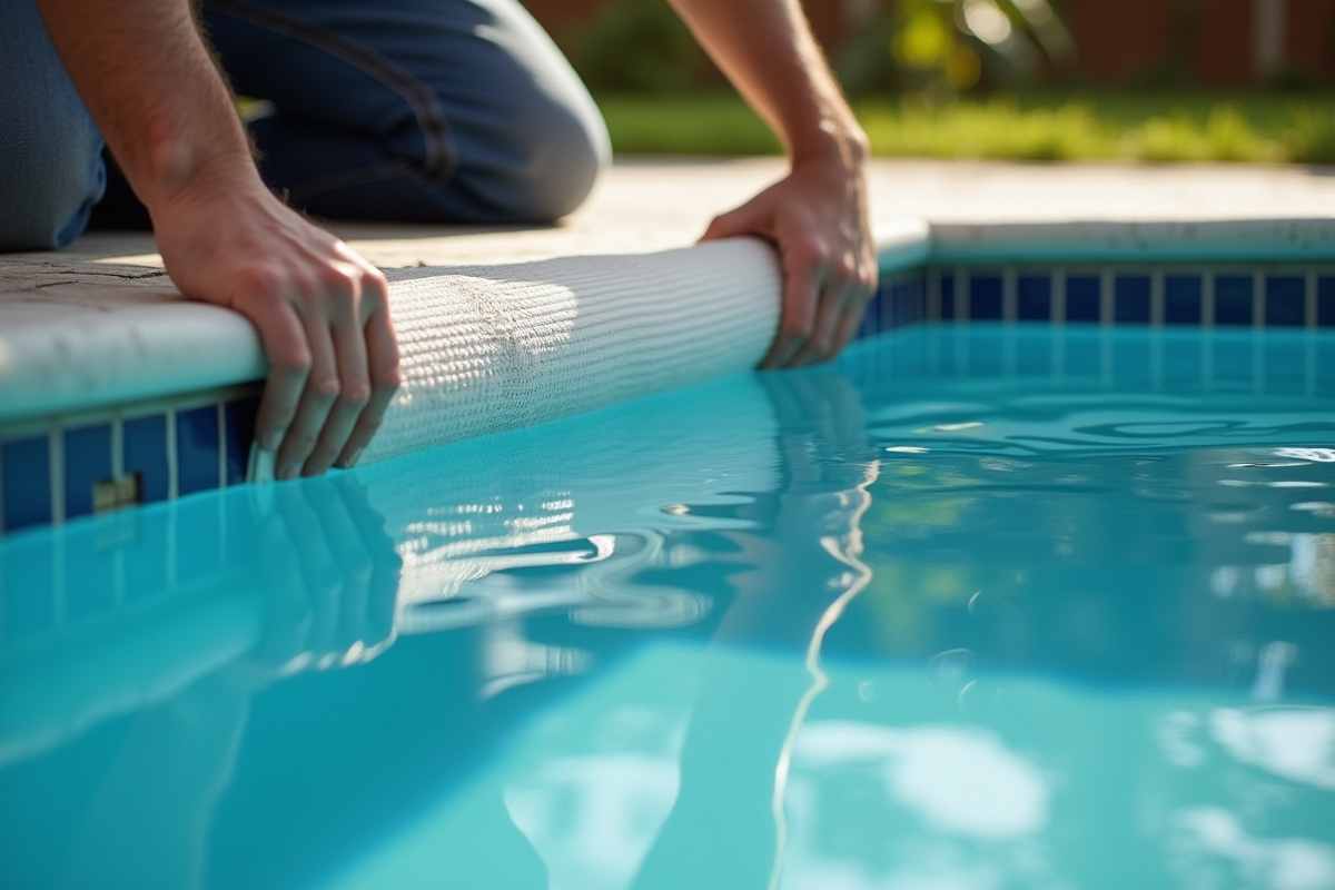 Installateur posant liner PVC renforcé dans la piscine