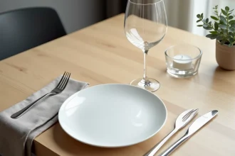 Table moderne dressée avec un verre à vin en cristal positionné selon les règles de l'étiquette, couverts en acier poli et serviette en lin sur bois clair