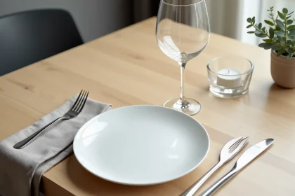 Table moderne dressée avec un verre à vin en cristal positionné selon les règles de l'étiquette, couverts en acier poli et serviette en lin sur bois clair
