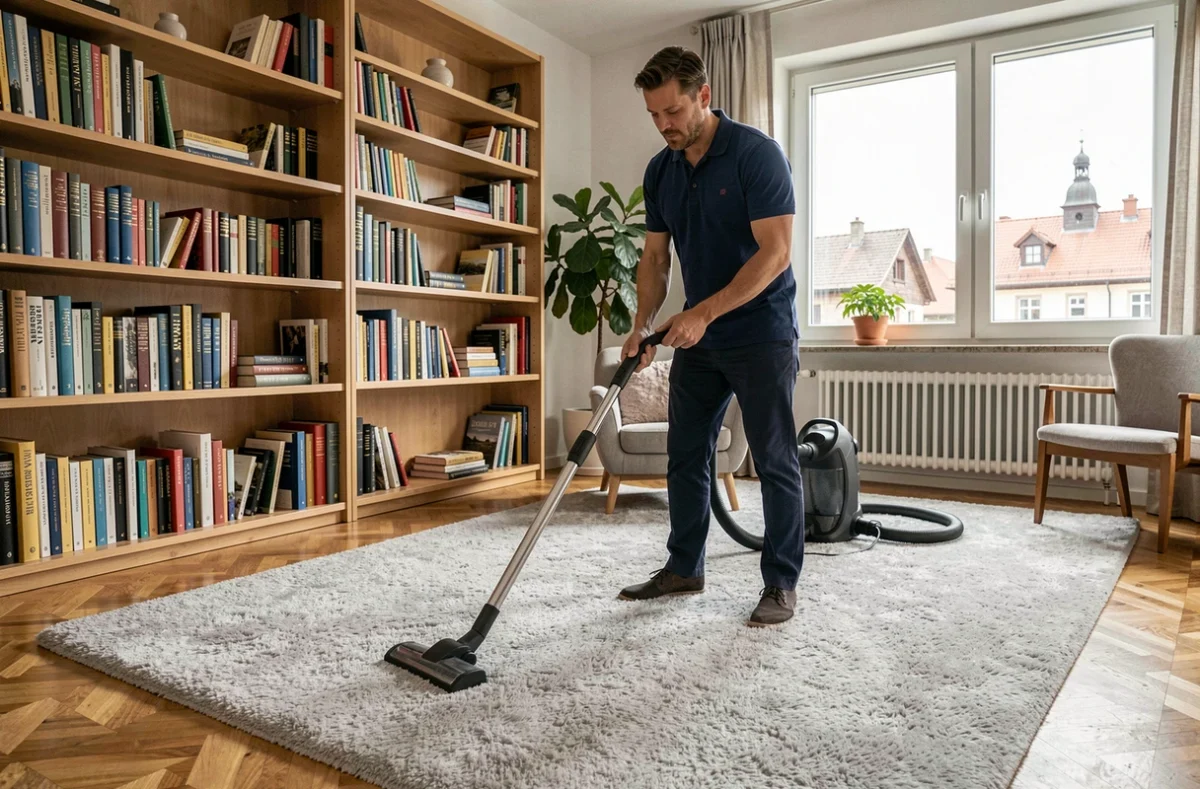 Homme prestataire de ménage passant l'aspirateur dans un salon bien décoré à Fribourg