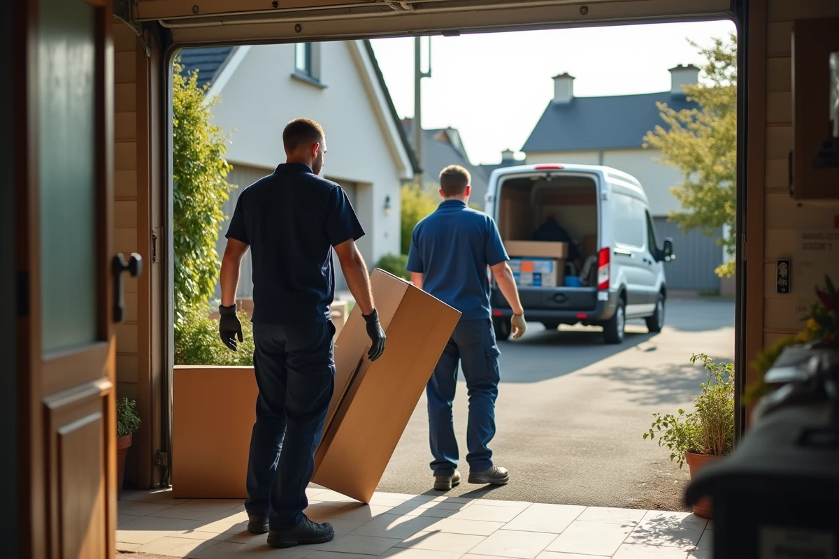 Deux professionnels du débarras portant des appareils hors d'usage hors d'un garage résidentiel à Pontivy
