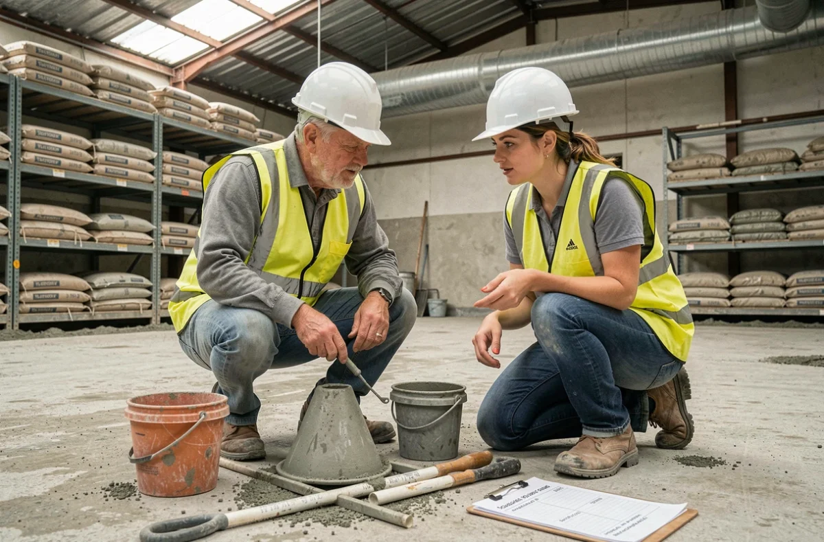 Deux professionnels du bâtiment analysant le dosage béton 350 kg avec des outils de test et une fiche de formule de mélange sable gravier sur un chantier couvert