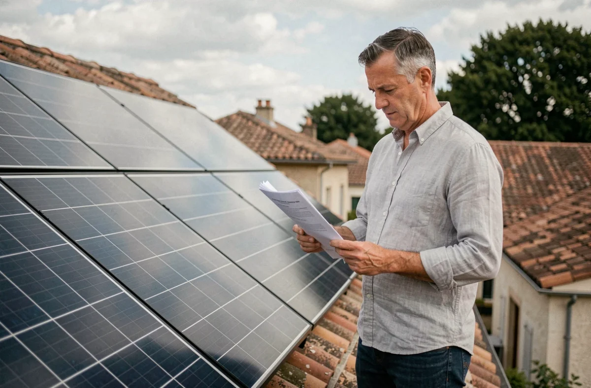 Propriétaire consultant des documents administratifs sur un toit équipé de panneaux solaires en France