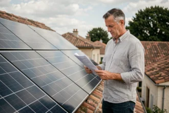 Propriétaire consultant des documents administratifs sur un toit équipé de panneaux solaires en France