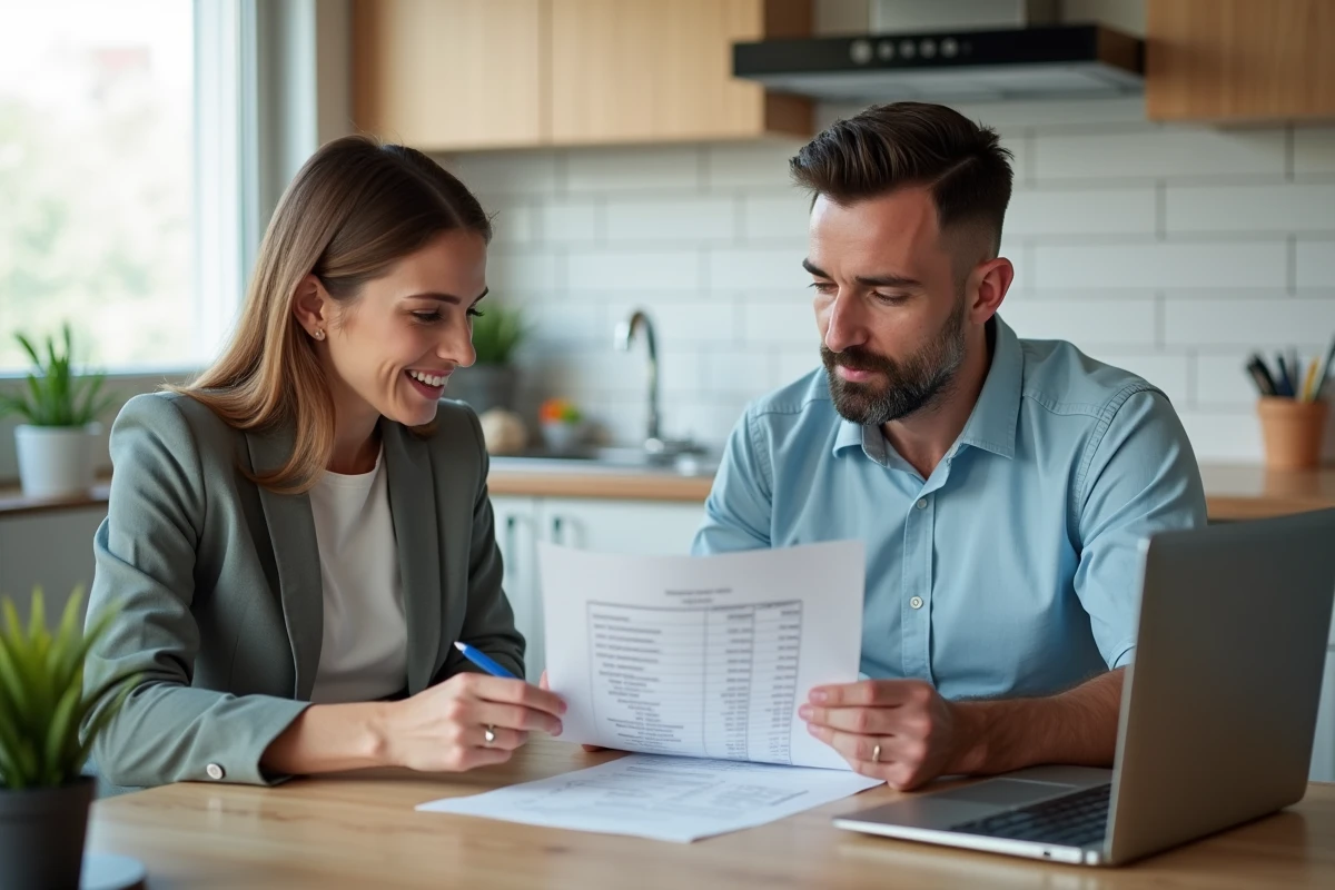 Deux propriétaires bailleurs discutant d'un devis de rénovation pour rentabiliser leur bien locatif