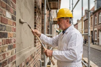 Ouvrier professionnel en train de réaliser un ravalement de façade sur un bâtiment en brique dans les Hauts-de-France