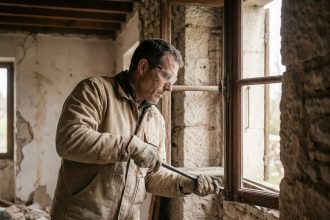 Artisan en rénovation retirant une vieille fenêtre en bois d'un mur en pierre dans une maison ancienne en cours de travaux