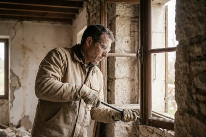 Artisan en rénovation retirant une vieille fenêtre en bois d'un mur en pierre dans une maison ancienne en cours de travaux
