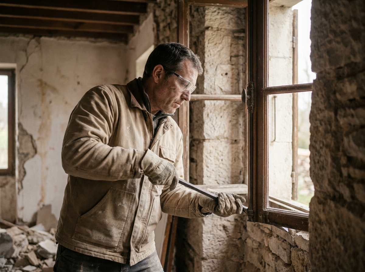 Artisan en rénovation retirant une vieille fenêtre en bois d'un mur en pierre dans une maison ancienne en cours de travaux
