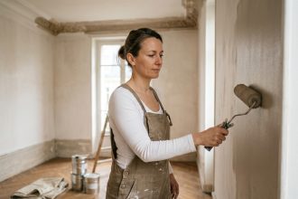 Femme renovant un appartement haussmannien à Rennes en appliquant de la peinture sur un mur en plâtre avec un rouleau professionnel