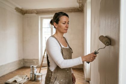 Femme renovant un appartement haussmannien à Rennes en appliquant de la peinture sur un mur en plâtre avec un rouleau professionnel