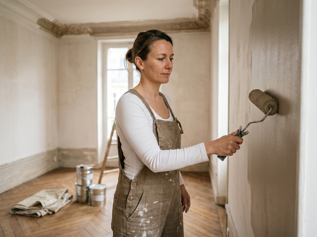 Femme renovant un appartement haussmannien à Rennes en appliquant de la peinture sur un mur en plâtre avec un rouleau professionnel